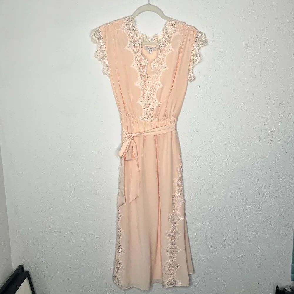 Women's JOIE Magdelen 100% Silk Peach Cream Lace Baby Pink Midi Dress Size XS - Picture 2 of 9